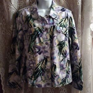 JM Collection‎ Size 14 Floral Tropical Purple Aqua Yellow White Cotton Jacket